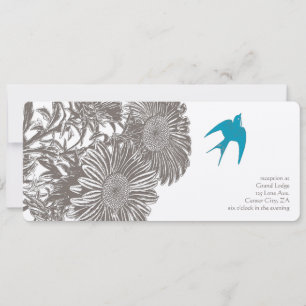 Invitation Mariage Bois Flotté Fleur Vintage et Oiseau Aqua