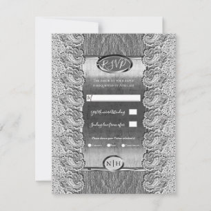 Invitation Mariage Bois Gris Dentelle Blanc Antique Argent