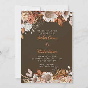 Invitation Mariage Bois Marron Blanc Fleurs Bohème