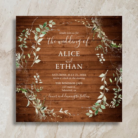 Invitation Mariage Bois Rustique Écriture Verte