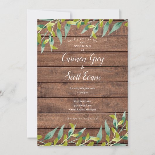 Invitation Mariage Bois Rustique Eucalyptus Verdure (Devant)