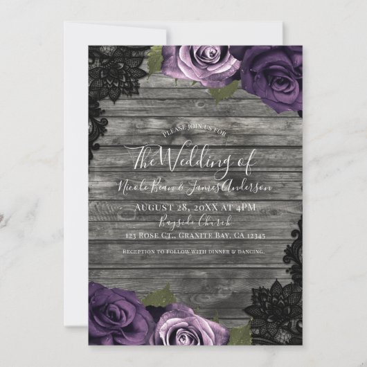 Invitation Mariage Bois Rustique Roses Lace Noir Deep Purple (Devant)