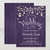 Invitation Mariage Bois Rustique Violet & Lumières (Devant / Derrière)