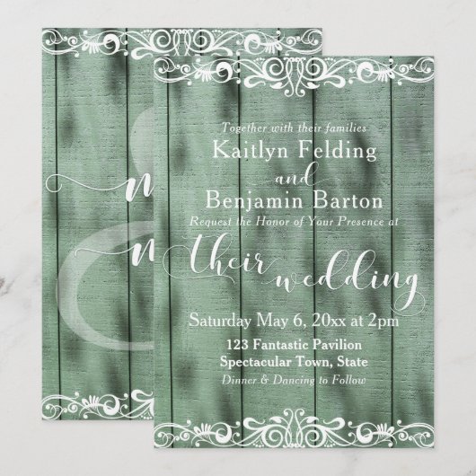 Invitation Mariage Bois Vert Rustique Blanc 2 (Devant / Derrière)