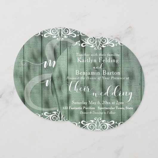 Invitation Mariage Bois Vert Rustique Fleurs en Volute 2c (Devant / Derrière)