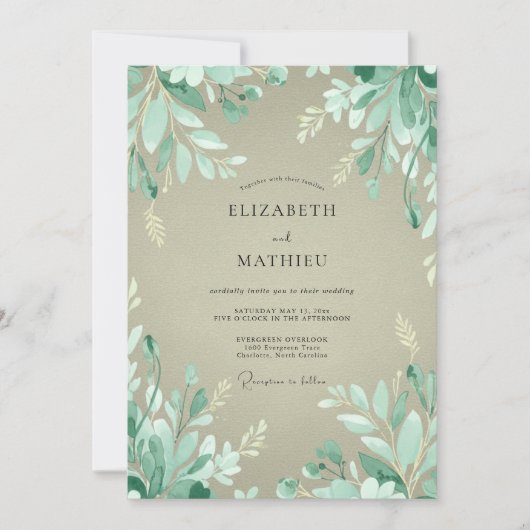 Invitation Mariage Boisé aux Feuilles Vert Menthe (Devant)