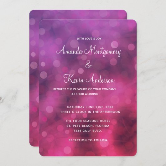 Invitation Mariage Bokeh rose et violet (Devant / Derrière)