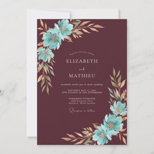 Invitation Mariage Bordeaux Aqua Feuillu (Devant)