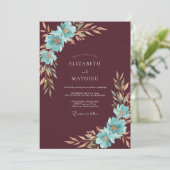 Invitation Mariage Bordeaux Aqua Feuillu (Debout devant)