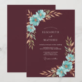 Invitation Mariage Bordeaux Aqua Feuillu (Devant / Derrière)