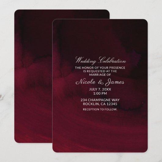 Invitation Mariage bordeaux burgundy aquarelle moderne (Devant / Derrière)