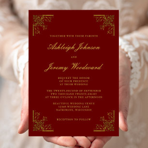 Invitation Mariage Bordeaux Coins Dorés Élégants Vintage