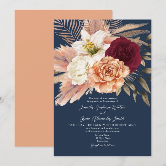 Invitation Mariage Bordeaux et Bleu Marine (Devant / Derrière)