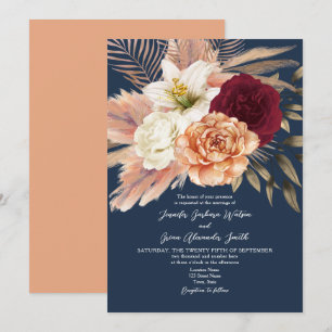 Invitation Mariage Bordeaux et Bleu Marine