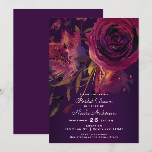 Invitation Mariage Bordeaux Fleur Rose Pourpre (Devant / Derrière)