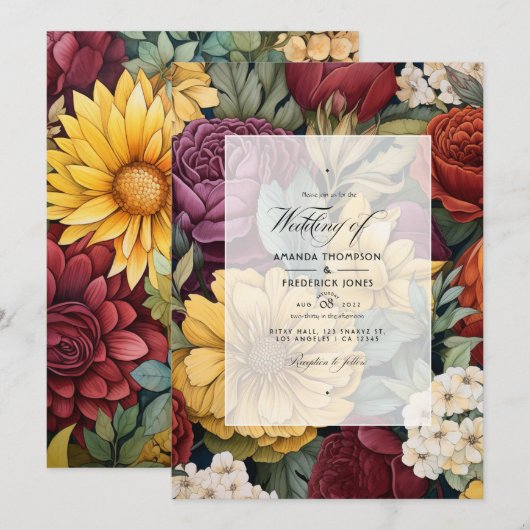 Invitation Mariage bordeaux, jaune moutarde et vert olive (Devant / Derrière)
