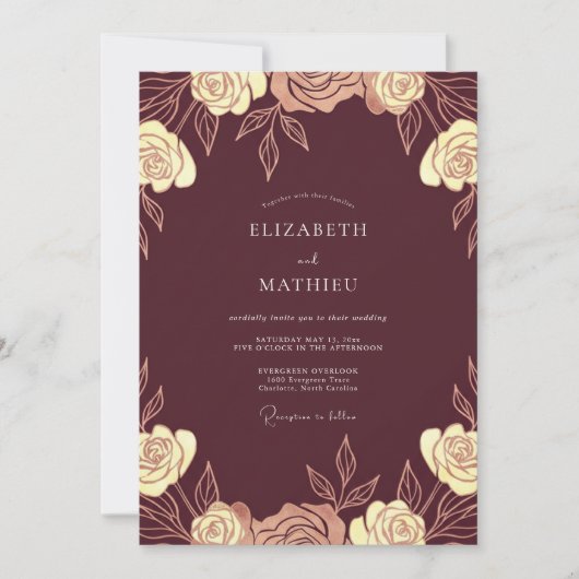 Invitation Mariage Bordeaux Or Rose (Devant)