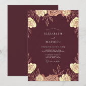Invitation Mariage Bordeaux Or Rose (Devant / Derrière)