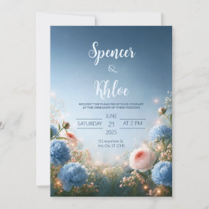 Invitation Mariage Bordure de Prairie Bleu Rosé