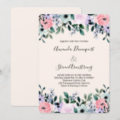 Invitation Mariage Bordure Florale Aquarelle Rose Violet Vert (Devant / Derrière)