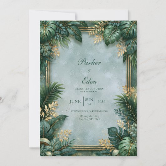 Invitation Mariage Bordure Tropicale Dorée Texturée Menthe (Devant)