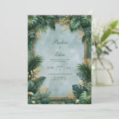Invitation Mariage Bordure Tropicale Dorée Texturée Menthe (Debout devant)