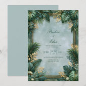 Invitation Mariage Bordure Tropicale Dorée Texturée Menthe (Devant / Derrière)