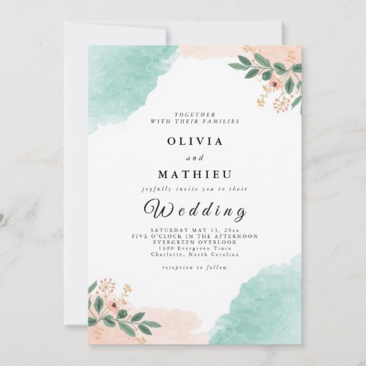 Invitation Mariage botanique à la menthe molle (Devant)