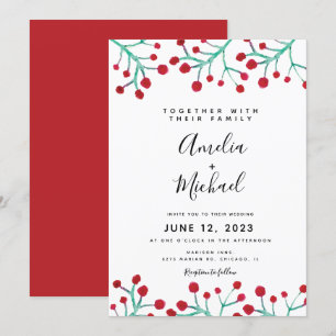 Invitation Mariage botanique à l'aquarelle rouge de baie de N