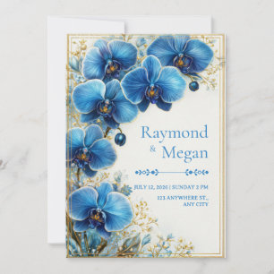 Invitation Mariage Botanique à l'Orchidée Bleu Cobalt Doré