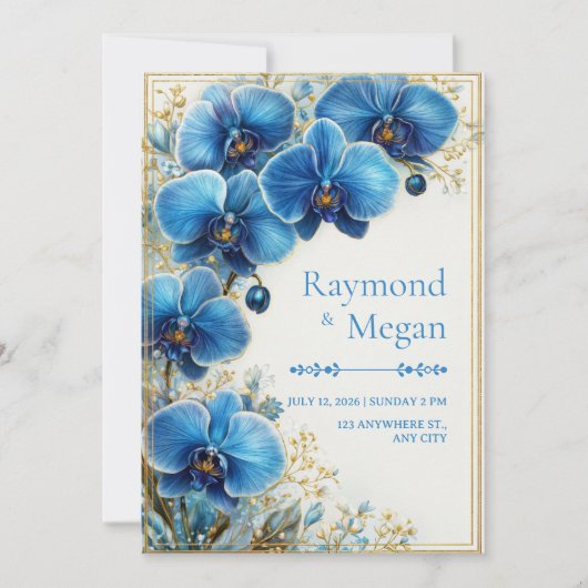 Invitation Mariage Botanique à l'Orchidée Bleu Cobalt Doré (Devant)