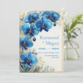 Invitation Mariage Botanique à l'Orchidée Bleu Cobalt Doré (Debout devant)