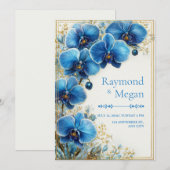 Invitation Mariage Botanique à l'Orchidée Bleu Cobalt Doré (Devant / Derrière)