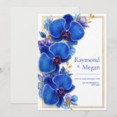Invitation Mariage Botanique à l'Orchidée Bleu Royal Doré (Devant / Derrière)