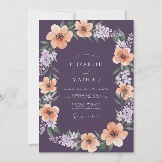 Invitation Mariage Botanique Abricot Violet Foncé (Devant)