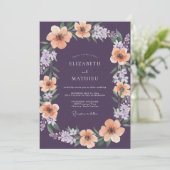 Invitation Mariage Botanique Abricot Violet Foncé (Debout devant)