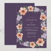 Invitation Mariage Botanique Abricot Violet Foncé (Devant / Derrière)