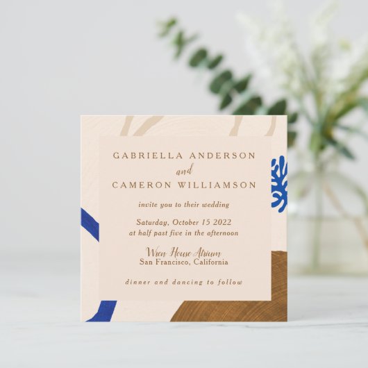 Invitation Mariage botanique Abstrait contemporain Bleu beige (Debout devant)