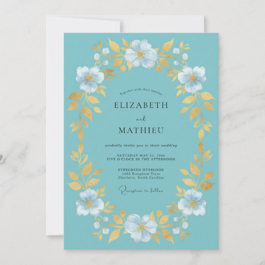 Invitation Mariage Botanique Aqua Gold (Devant)