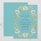 Invitation Mariage Botanique Aqua Gold (Devant / Derrière)
