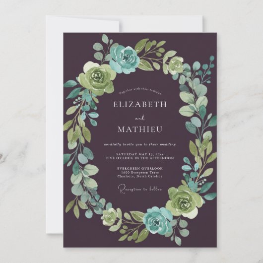 Invitation Mariage Botanique Aqua Prune Profond (Devant)