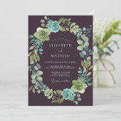 Invitation Mariage Botanique Aqua Prune Profond (Debout devant)