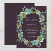 Invitation Mariage Botanique Aqua Prune Profond (Devant / Derrière)