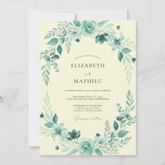 Invitation Mariage Botanique Aqua Sarcelle (Devant)