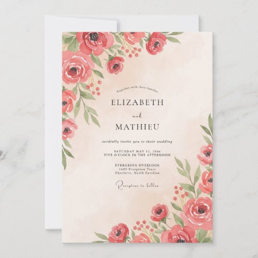 Invitation Mariage Botanique Aquarelle Corail (Devant)