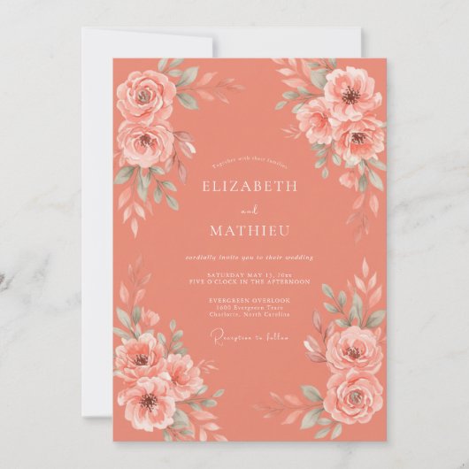Invitation Mariage Botanique Aquarelle Douce Corail (Devant)