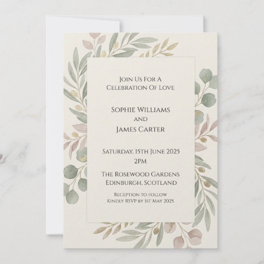 Invitation Mariage botanique aquarelle Eucalyptus Blush (Devant)