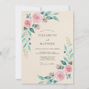 Invitation Mariage Botanique Aquarelle Rose Champagne