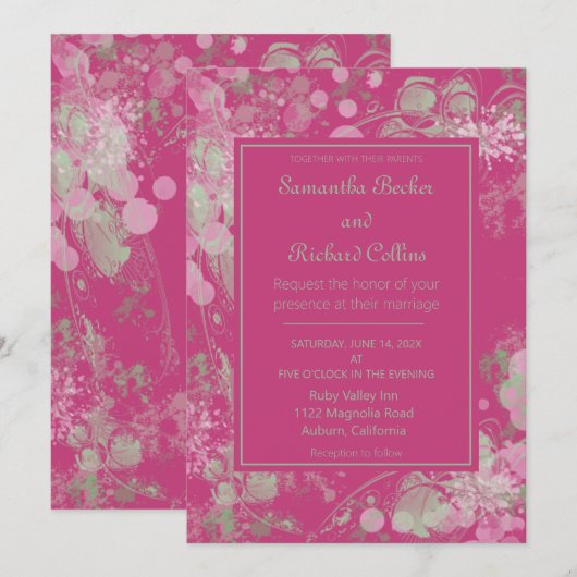 Invitation Mariage botanique aquarelle rose et vert (Devant / Derrière)