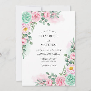 Invitation Mariage Botanique Aquarelle Rose Menthe